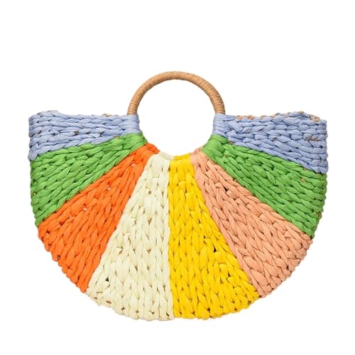 TABAGFKFNV Damen Große Kapazität Halbrunde Stroh Handtasche Retro Einfache Outdoor Reise Strand Tasche(Color) von TABAGFKFNV