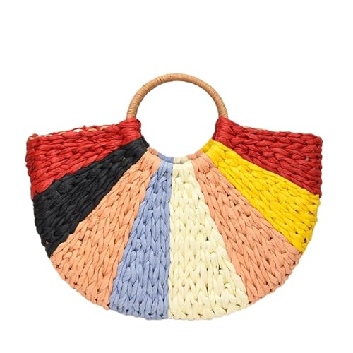 TABAGFKFNV Damen Große Kapazität Halbrunde Stroh Handtasche Retro Einfache Outdoor Reise Strand Tasche(Color red) von TABAGFKFNV