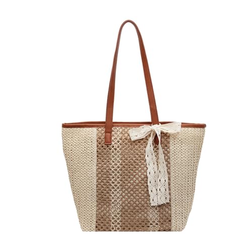 TABAGFKFNV Damenmode Sommer Stroh Große Kapazität Einkaufstasche Strand Kontrastfarbe Robuste Outdoor Reisehandtasche(Brown) von TABAGFKFNV