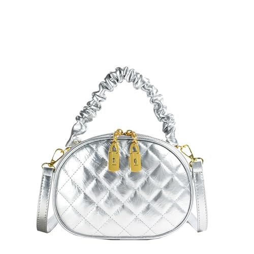 TABAGFKFNV Damentaschen Stilvolle gesteppte Stickerei Crossbody Handheld Kleine runde Designästhetik(Silver) von TABAGFKFNV