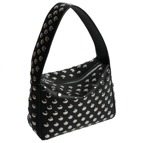 TABAGFKFNV Modische Nieten Geldbörsen Schulter Hobo Bag Punk Frauen Kleine Shouder Geldbörse Vegan Leder(Black) von TABAGFKFNV