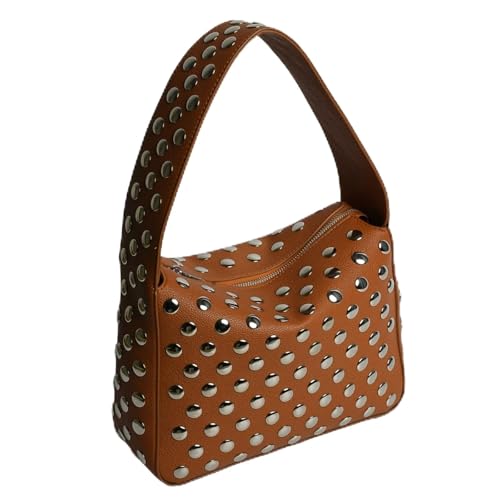 TABAGFKFNV Modische Nieten Geldbörsen Schulter Hobo Bag Punk Frauen Kleine Shouder Geldbörse Vegan Leder(Brown) von TABAGFKFNV