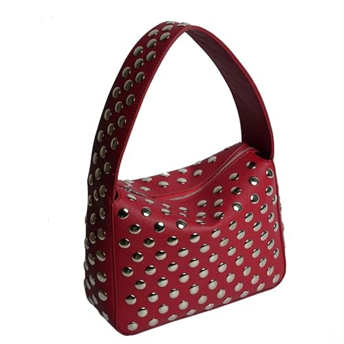 TABAGFKFNV Modische Nieten Geldbörsen Schulter Hobo Bag Punk Frauen Kleine Shouder Geldbörse Vegan Leder(Red) von TABAGFKFNV