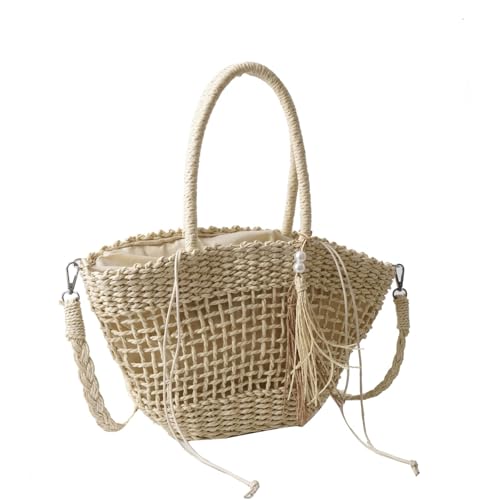 TABAGFKFNV Stroh handgemachte Tote Sommer Urlaub gewebt weibliche böhmische Strand Reise Crossbdoy Taschen kleine weibliche Korb(Off-white) von TABAGFKFNV