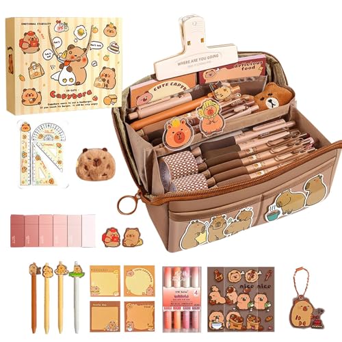 TABSIRAH Federmäppchen – Große Öffnung Capybara Federmäppchen – mehrschichtige Cartoon-Schreibwarentasche – Schulbedarf Capybara – Stift-Organizer-Tasche mit Stiften, Aufklebern, Clips, mehrfarbig, von TABSIRAH