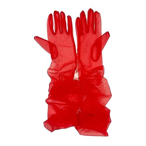 TACKTIMES Braut Vollfinger Lange Handschuhe Hochzeit Arm Stulpen Brautstulpen aus Transparent Tüll Ball Accessoires Elegante Party Cocktail (Einheitsgröße, rot) von TACKTIMES