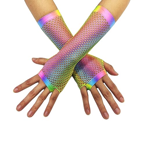 TACKTIMES Damen Fingerlose Handschuhe Armstulpen Regenbogen Bunt Farbe Netzhandschuhe Party Fasching Karneval 80er Jahre Zubehör Kostüme (Einheitsgröße, Bunt lang) von TACKTIMES