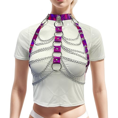 TACKTIMES Damen Gothic Kostüm Punk Brust Harness Körpergeschirr Oberteile mit Leder Halsband und Metallic Kette Quaste (Einheitsgröße, Violett) von TACKTIMES