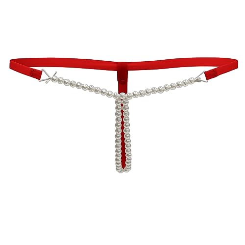 TACKTIMES Damen Low Rise Slip String Perlen G-String T-Rücken Tangas Unterwäsche V-String Bikini Mini Slips (Einheitsgröße, Rot) von TACKTIMES