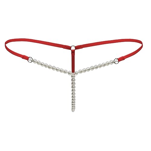 TACKTIMES Damen Low Rise Slip String Perlen G-String T-Rücken Tangas Unterwäsche V-String Bikini Mini Slips (Einheitsgröße, Rot A) von TACKTIMES