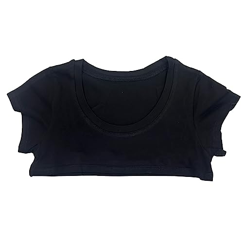 TACKTIMES Damen T-Shirt Crop Top Bauchfrei Super Kurz Strech Kurzarm Sommer Baumwolle Frauen Dessous Unterwäsche Cosplay Kleidung (Einheitsgröße, Schwarz B) von TACKTIMES