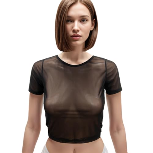 TACKTIMES Damen Top Transparent Shirt Mesh Kurzarm Durchsichtig T-Shirt Tunika Tank Bauchfrei Oberteil Reizwäsche Unterhemd Clubwear (L, Schwarz) von TACKTIMES