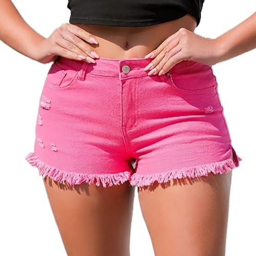 TACSTRUN Damen Denim Shorts High Waisted Zerrissene Stretchige Jeans Kurz Distressed Ausgefranste Saum Denim Hot Short,Rosa,M von TACSTRUN