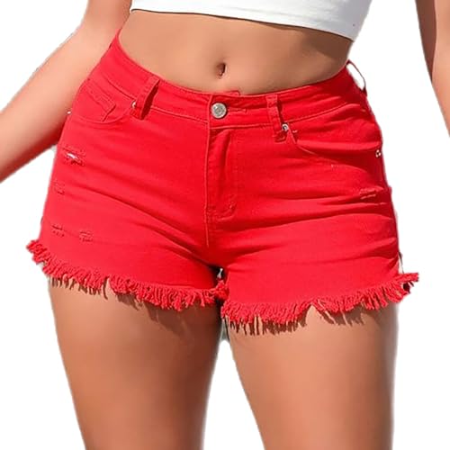 TACSTRUN Damen Denim Shorts High Waisted Zerrissene Stretchige Jeans Kurz Distressed Ausgefranste Saum Denim Hot Short,Rot,S von TACSTRUN