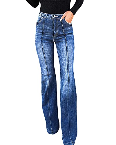 TACSTRUN Damen High Waist Flare Bell Bottom Jeans Patchwork Washed Wide Leg Denim Hose,Dark Blue,L von TACSTRUN