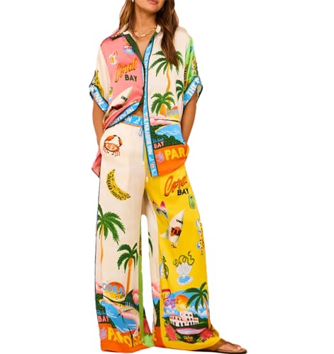 TACSTRUN Damen-Lounge-Set, Pyjama-Set, kurzärmeliges Hawaii-Hemd und Hose mit weitem Bein, Zweiteilige Outfits, lässige, lockere Loungewear,Multi Colored,L von TACSTRUN