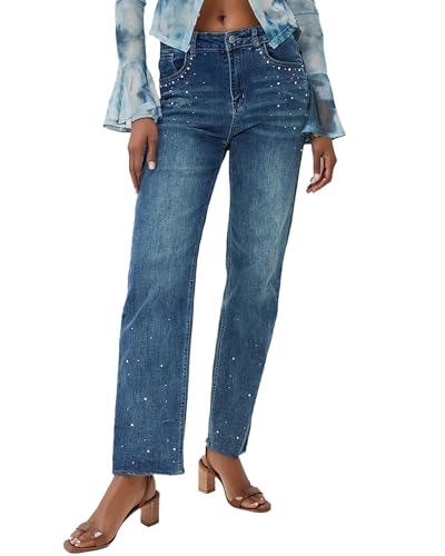 TACSTRUN Damen Strass Gerade Bein Jeans High Waisted Stretchy Distressed Denim Hosen,Blau,XL von TACSTRUN