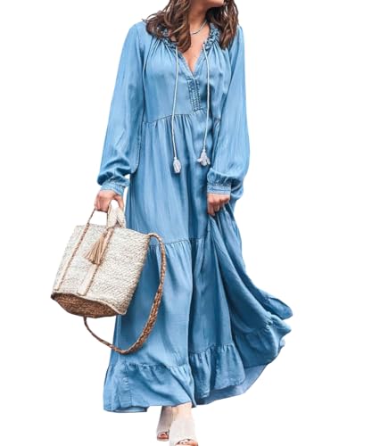 TACSTRUN Denim Kleid für Frauen Casual Langarm Kordelzug Elastikbund V-Ausschnitt Rüschen Flowy Midi Jean Kleider,Blau,L von TACSTRUN
