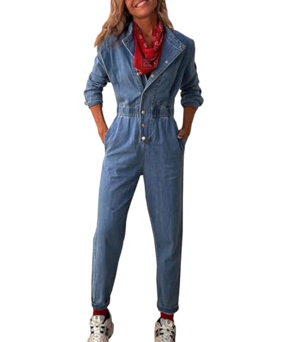 TACSTRUN Frauen Casual Langarm Denim Jumpsuit Hohe Taille Revers Stretch Gewaschene Slim Fit Jeans Strampler,Blau,M von TACSTRUN