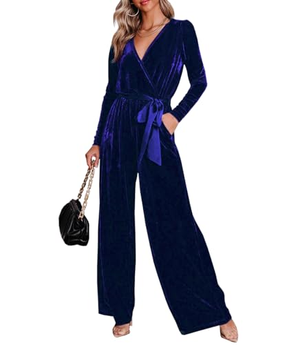TACSTRUN Frauen Casual Langarm Jumpsuits Samt Belted V Hals Outfit Party Dressy Weite Bein Strampler,Blau,L von TACSTRUN