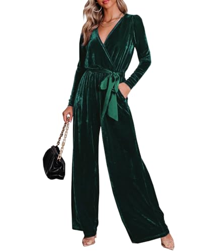 TACSTRUN Frauen Casual Langarm Jumpsuits Samt Belted V Hals Outfit Party Dressy Weite Bein Strampler,Grün,S von TACSTRUN