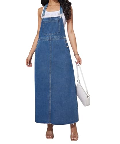 TACSTRUN Frauen Denim Overalls Kleid Vintage lose verstellbare Träger Knopf A-Linie Midi Jean Kleid,Blau,M von TACSTRUN