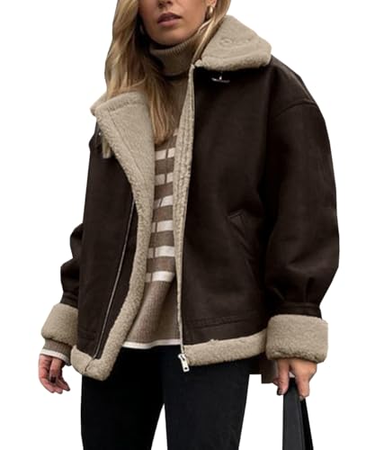 TACSTRUN Frauen Faux Leder Jacke Faux Pelz Futter Warm Sherpa Moto Bomber Trucker Mäntel Oberbekleidung,Braun,L von TACSTRUN