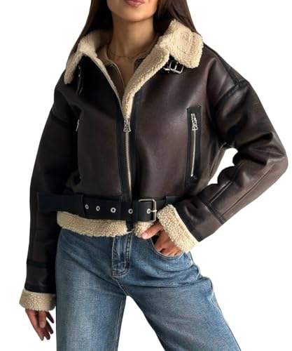 TACSTRUN Frauen Faux Shearing Pelz Winter Mantel Warm Dicke Revers Reißverschluss Fell gefüttert Kunstleder Jacke mit Gürtel,Braun,S von TACSTRUN