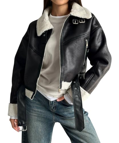 TACSTRUN Frauen Faux Shearing Pelz Winter Mantel Warm Dicke Revers Reißverschluss Fell gefüttert Kunstleder Jacke mit Gürtel,Schwarz,S von TACSTRUN