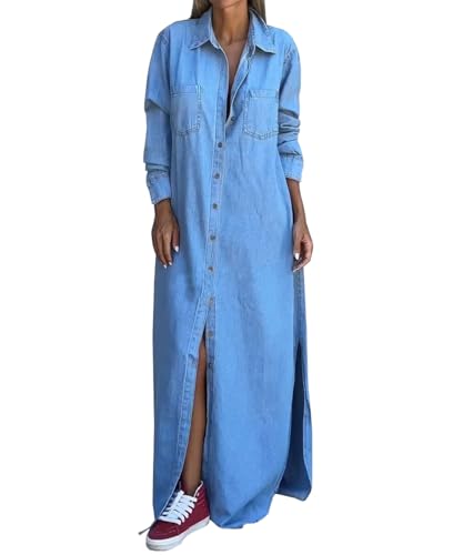 TACSTRUN Frauen Langarm Hemd Denim Kleid Hohe Taille Gewaschene Knopf Baggy Midi Flowy Jean Kleid,Light Blue,XL von TACSTRUN