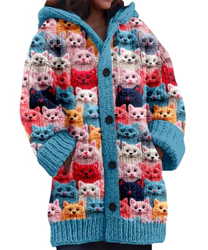 TACSTRUN Frauen Nette Lustige Flauschige Weihnachten Pullover Drucken Warme Winter Lange Offene Vordermantel,Blau,L von TACSTRUN