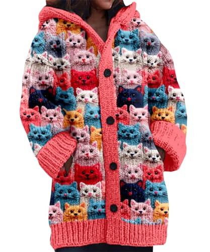 TACSTRUN Frauen Nette Lustige Flauschige Weihnachten Pullover Drucken Warme Winter Lange Offene Vordermantel,Rot,L von TACSTRUN