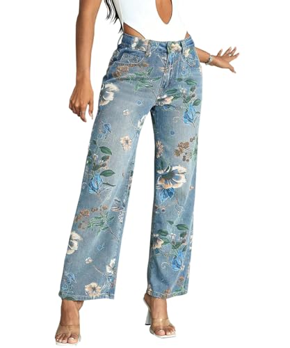 TACSTRUN Frauen hohe Taille Baggy Jeans Stretch Wide Leg Gedruckt Gestickte Gerade Bein Denim Hosen,Blau,XXL von TACSTRUN