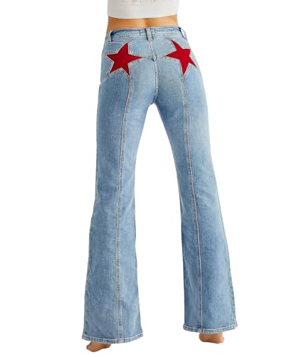 TACSTRUN Frauen hohe Taille Stretchy Bootcut Jeans Baggy Star Patch Distressed Straight Denim Hosen,Light Blue,XXL von TACSTRUN
