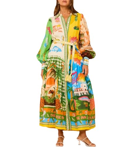 TACSTRUN Lässiges, lockeres Maxikleid für Damen, trendiges Farbblock-Langarm-Hemdkleid, fließendes Hawaii-Kleid,Grün,M von TACSTRUN