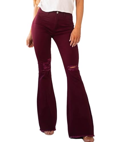Schlaghosen Für Damen Jeans Mit Hoher Taille Stretchy Ripped Raw Saum Denim-Hose,Rot,M von TACSTRUN