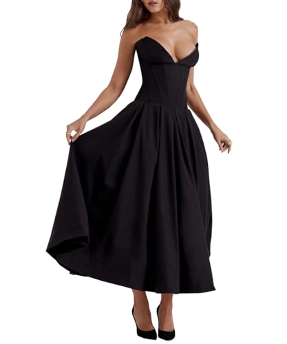 TACSTRUN Sexy Sleeveless Bodycon Korsett Maxi Kleid Tube Top Ruched Flowy Elegant Abend Party Lange Kleider,Schwarz,S von TACSTRUN
