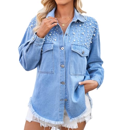 TACSTRUN Weites, langärmliges Jeanshemd-Oberteil aus Perlmutt-Denim für Damen im Used-Look,Blau,M von TACSTRUN