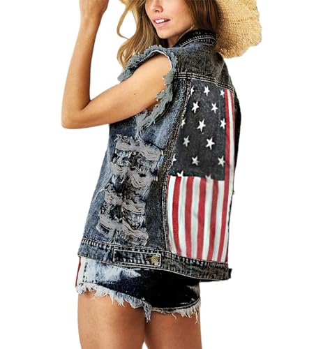 TACSTRUN Zerrissene Jeansweste mit amerikanischer Flagge für Damen, lässiges, ärmelloses, kurzes Jeansjackenoberteil im Used-Look,Blau,S von TACSTRUN