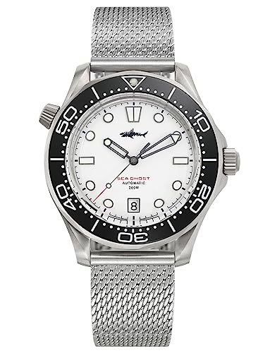 TACTICAL FROG Heimdallr Titanium Gehäuse Sea Ghost NTTD Taucheruhren Für Männer, NH35A Uhrwerk C3 Leuchtende Herren Automatik Uhren, 200 Meter Wasserdicht, Mesh Band, Silver von TACTICAL FROG