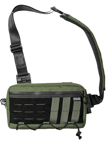 TACTICAL GEEK Cache L3 EDC Sling Bag Chest Crossbody Bag für Damen Herren, Cordura Nylon Umhängetasche, YKK Reißverschluss, Tactical Schultertasche Brusttasche, Wandern Beidhändiger Gurt, Grün von TACTICAL GEEK