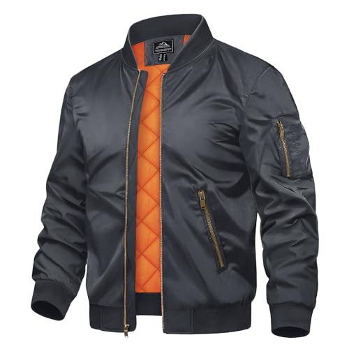 TACVASEN Herren Arbeitsjacke Piloten College Jacket Casual Bomberjacke Übergangs-Herbstjacke mit Zip Taschen (S, Dunkelgrau) von TACVASEN