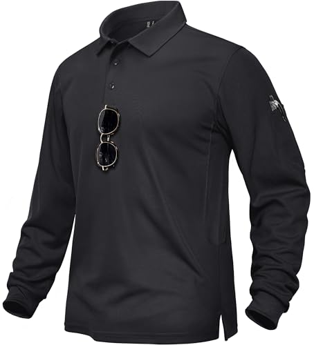 TACVASEN Tactical Poloshirt Herren Langarm Funktionsshirt Golf Polo Shirts Freizeithemd Sport Atmungsaktiv für Outdoor-Aktivitäten (S, Schwarz) von TACVASEN