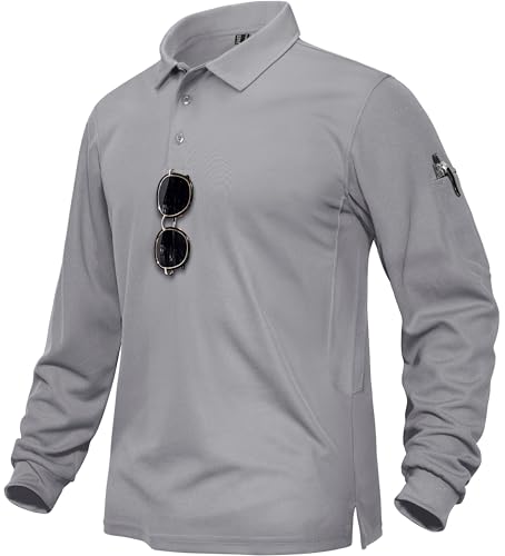 TACVASEN Funktions Poloshirt Herren Polyester Golf Basic Shirt Atmungsaktiv Langarmshirts Tactical Polo Langarm Leichte Sommer (3XL, Hellgrau) von TACVASEN