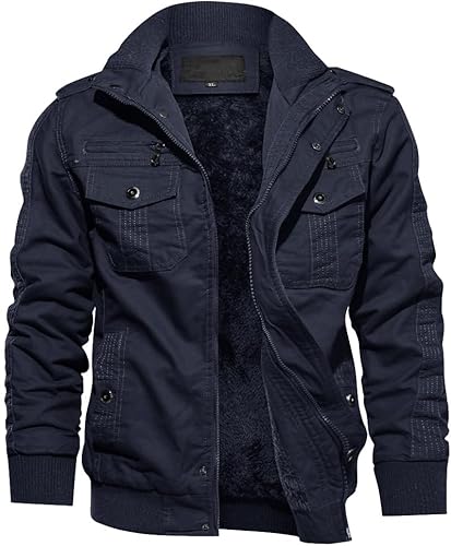 TACVASEN Herren Bomberjacke Winter Übergangsjacke Freizeit Casual Herrenjacke Gefütterte Fleecejacke (S, Marineblau) von TACVASEN