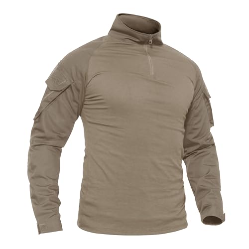 TACVASEN Combat Shirt Herren 1/2 Zip Military Tactical Army Langarmhemd Airsoft Top Outdoor Slim Fit T-Shirt mit Taschen (M, Khaki) von TACVASEN