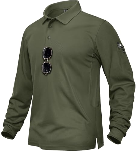 TACVASEN Polohemd Herren Atmungsaktiv Golf Shirt Leicht Wanderhemd Schnelltrocknend Funktionsshirts mit Brillenhalter Knopfleiste (S, Armeegrün) von TACVASEN