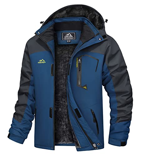 TACVASEN Herren Warme Winddicht Trekking Jacke Fleece-Futter Campingjacke Rahrradjacke mit Reißverschlusstaschen, Denim Blau, XL von TACVASEN