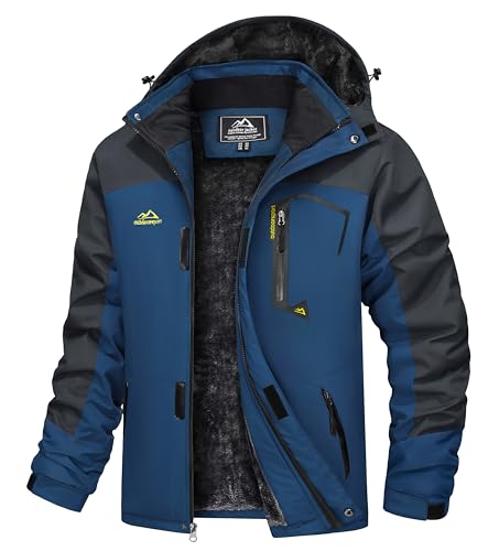 TACVASEN Herren Warme Winddicht Trekking Jacke Fleece-Futter Campingjacke Rahrradjacke mit Reißverschlusstaschen, Denim Blau, XXL von TACVASEN