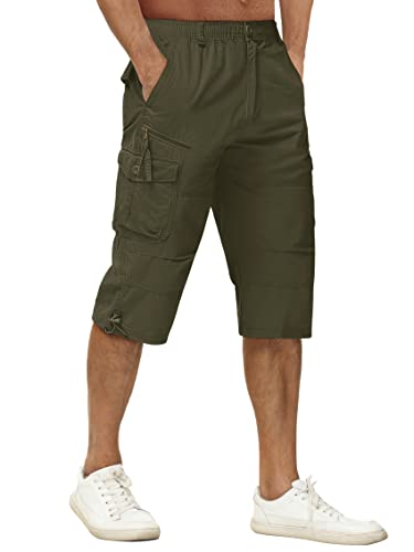 TACVASEN Herren Baumwolle Casual Military Elastische Capri Cargo Kurze Hosen mit Multi Taschen (34, Armeegrün) von TACVASEN